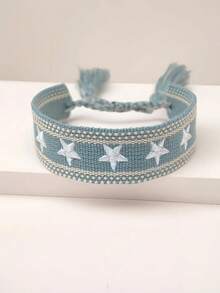 1pc Handmade Woven Bracelet With Embroidered Pentagram - Baby Blue - View 2