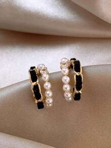 1pc Fashion Jewelry Women's Black Velvet Pearl Hoop Earrings For Daily Wear