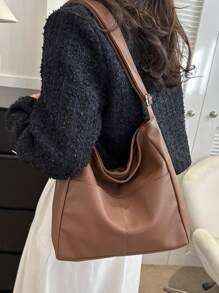 Solid Color PU Fabric Simple Large Capacity Handbag, Solid Color Casual Shoulder Bag, Women's Multifunctional Fashionable Portable Handbag, Retro Wide Shoulder Strap Square Bag, Fashionable Travel Shopping Bag, New Business Leisure School Commuting Shoulder Bag