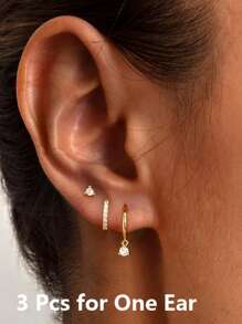3pcs Fashionable Minimalist Cubic Zirconia Huggie Hoop Earrings Set, High Quality Brass Huggie Hoops, Elegant And Simplistic Women's Hoops, Suitable For Vacation, Daily Wear, Birthday Gifts And More