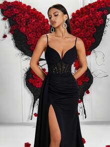 ADYCE Elegante vestido de noche de lentejuelas con tirantes finos, escote en V, sin mangas, cintura alta, transparente, corte sirena con abertura alta y espalda abierta con lazo, adecuado para invitados de boda, fiesta, baile de graduación, cita nocturna, cena formal - Negro - Ver 1