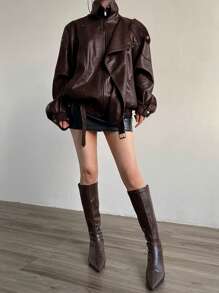 女士棕色纯色 PU 皮革机车夹克，百搭时尚街头服饰，适合日常、通勤和休闲场合，秋冬季