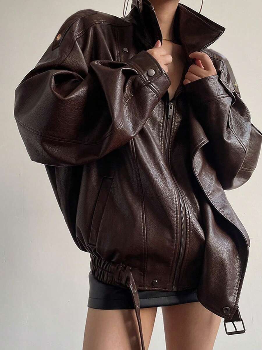 女士棕色纯色 PU 皮革机车夹克，百搭时尚街头服饰，适合日常、通勤和休闲场合，秋冬季