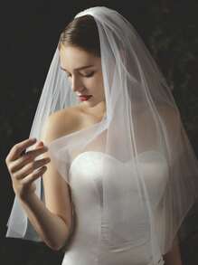 1pc Beige Double-Layer Short Bridal Veil With Comb