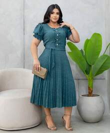 Pleated Midi Dress With Round Godet Neckline - Green - View 2