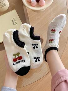 Calcetines de tobillo transpirables con lazo de cereza, letra y diseño floral tipo Ins para mujer