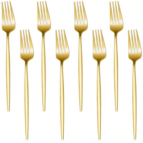 Juego de 8 tenedores de cena de acero inoxidable de 8 pulgadas con acabado en oro PVD, cubiertos metálicos duraderos para el hogar, la cocina y restaurantes