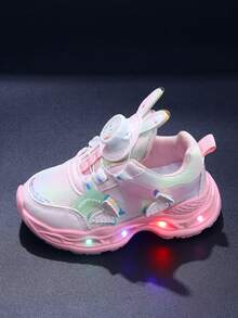 MGO Kidss Tênis infantis MGO primavera e outono, novos tênis com luzes LED, tênis infantis com estampa de borboleta e princesa, com fivela giratória fofa de orelha de coelho, calçados esportivos casuais para meninas de 1 a 6 anos