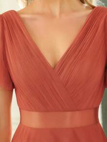 Elegant V-Neck Floor-Length A-Line Tulle Tangerine Bridesmaid Dress, Suitable For Wedding Guests And Formal Occasions - Burnt Orange - View 6