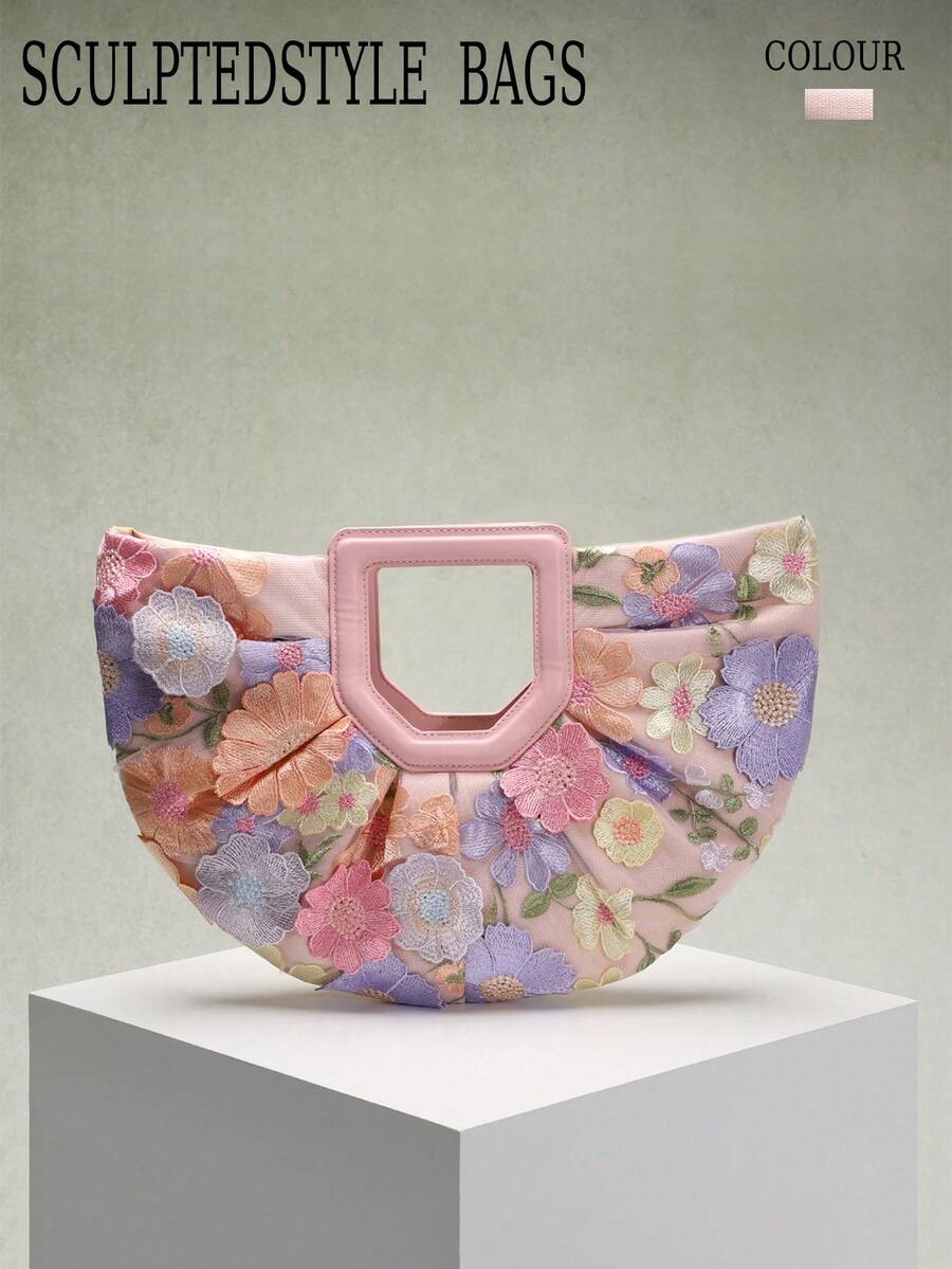 1 Peça Bolsa Sacola Grande com Aplicação de Bordado em Tela Floral Colorida em Estilo Esculpido, Bottom de Linho, Elegante Estilo de Praia e Férias de Verão, Adequado para Usar com Vestidos Longos (Padrão Floral Enviado Aleatoriamente)