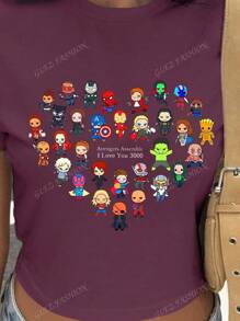 Marvel Modello "Avengers Assemble", maglietta da donna casual, corta, primaverile ed estiva, sexy da donna per le vacanze di primavera, 100% cotone, maglietta Y2K, streetwear