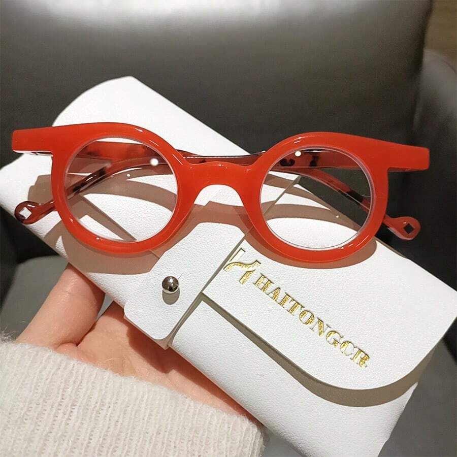 HAITONGCR Fashionable And Personalized Small Round Frame Anti Blue Light Spring Leg Reading Glasses, Fashionable Splicing Jelly Color Series, Suitable For Reading, Watching TV, And Watching Mobile Phones, With Glasses Case And Glasses Cloth - Trong suốt - Xem 1