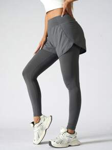 1pc 2 In 1 Style Elastic Long Sport Pants With Dual Side Pockets For Women, Running Fitness
