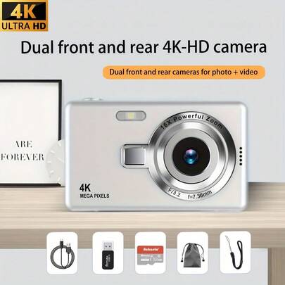 1080P Vlog Camera 12MP 16x Digital Zoom Digital Camera With 32G Card, 2.4-Inch TFT Screen, Auto Focus FHD, Compact And Portable DSLR Camera(Black/Silver)