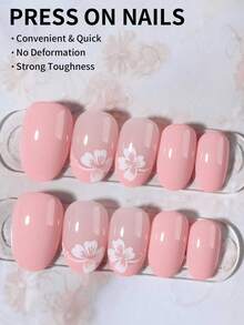 24片椭圆形紫红色花朵美甲贴纸，亚克力材质，法式美甲风格，包含1片果冻胶和1个指甲锉，易于粘贴，适合夏季美甲和法式美甲，适合女性和女孩日常、派对和其他场合使用。