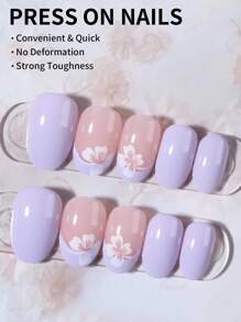 24片椭圆形紫红色花朵美甲贴纸，带闪光设计，浅紫色法式亚克力按压式美甲贴片，包含1片果冻胶和1个指甲锉，易于粘贴，适合夏季美甲和法式美甲，是女性和女孩日常、派对和其他场合的理想之选。