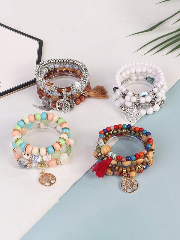 Set de 15 piezas Pulsera de moda bohemia, material de vidrio, con colgante del árbol de la vida alado, adecuado para uso diario de mujer, regalos de cumpleaños, regalos para fiestas de vacaciones, joyas para playa de vacaciones, joyería elegante de mujer