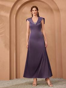 Nuevo Llegado, Vestido de Mujer Tejido de unicolor con Lentejuelas Decoradas con Cristales y Botones para Boda de Primavera - Morado - Ver 4