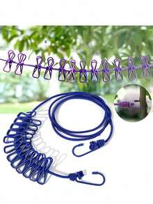 1 pieza Cuerda para tender ropa portátil con 12 pinzas, retráctil, para hombres y mujeres, esencial para viajes, cruceros, dormitorios, antideslizante, línea de secado ajustable y elástica para lavandería interior, patio, balcón, campamento, hotel, viaje, playa, vacaciones de verano, vuelta al colegio, accesorios de viaje, imprescindibles de vacaciones, útiles escolares - Multicolor - Ver 8