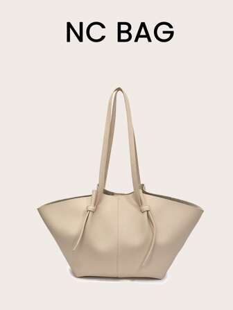 1pc Women Large Capacity Solid Color PU Leather One Shoulder Tote Bag