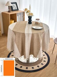 1pc American Farmhouse Style Tablecloth, Coffee Brown Striped Embroidered Tassel Decorative Cloth, Multi-Functional Cover For Coffee Tables, Office Desks, Parties, Weddings, Home Decor, All Season - Coffee Brown - View 13
