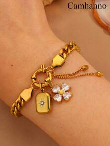 Camhanno 1pc Elegant And Fresh Gold Stainless Steel Bracelet With Unique Flower Pendant Design, Exquisite And Ideal Gift, Non Fading Jewelry, Fashionable And - Gold - View 5