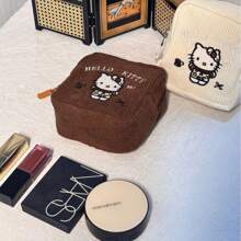 Sanrio 1pc Corduroy Fabric Hello Kitty Embroidered Girl's Square Lipstick Case, High Quality Portable Makeup Pouch, Student Earphone Coin Purse Toiletry Bag, Autumn/Wintertravel Essentials For Vacation Summer Holiday Back To School School Stuff Bag For School Travel Bag For Women Makeup Bag For Travel
