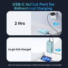 蓝色 JUOVI J2651 移动电源，35W 20000mAh，USB-C 双输入输出，支持 QC3.0+PD3.0 35W 高速充电，适用于蓝牙耳机、手机、平板电脑等设备，是夏季假期户外旅行露营、应急备用电源的理想之选，也是生日礼物和情人节礼物的完美选择。 - 藍色 - 查看 2