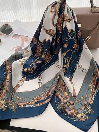 1 pièce Foulard carré imprimé en satin de soie artificiel élégant, polyvalent pour usage quotidien, extérieur, coiffure, salle de bal, banquet, accessoire de mode multifonctionnel pour femmes