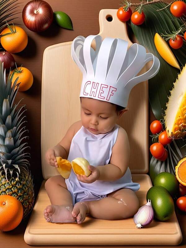Set de 2 piezas de traje de fotografia de recién nacido - Disfraz de chef bebé con gorro blanco adorable y delantal - Accesorios de foto para juego de roles e sesión fotográfica de infantes