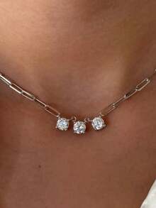 1pc Minimalist Round Zirconia Copper Necklace, Suitable For Women's Everyday Wear, Applicable For Banquet, Party, Ball Matching Daily Outfit Accessories, Jewelry Gift - 項鍊 - 查看 5