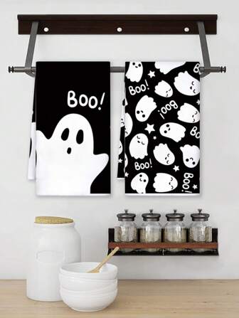 2 Pcs 40*60cm Ghost "BOO" Pattern Monochrome Design Dish Towels, Holiday Kitchen Napkins Home Decor Hand Towels, Suitable For Halloween Decoration, Kitchen, Bathroom, Baking Cleaning, Halloween Hand Towels