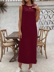女式纯色简约无袖休闲连衣裙 - 酒紅色 - 查看 4