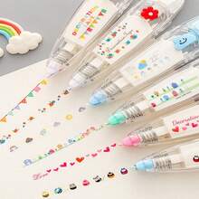 4 支无限装饰笔、DIY 可爱动物按压式修正带笔、免拆 DIY 贴纸笔、创意卡通图案剪贴簿贴纸日记装饰、蕾丝和卡通图案装饰，适用于剪贴簿、日记本、儿童工艺品 - 彩色 - 查看 1