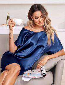 Women Satin Nightgowns Short Sleeve Silk Sleepwear Boyfriend Casual Dresses With Chest Pocket S-XXL - Navy - 查看 2