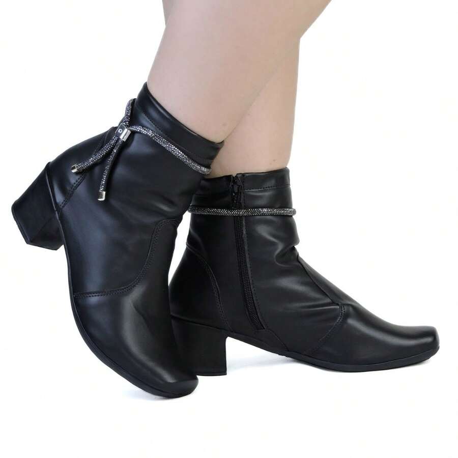 Women's Mid-Calf Combat Boot With Removable Shiny Straps REF:BR02 - 黑色 - 查看 1