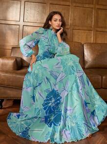 Faeriesty Druck elegantes Chiffonabendkleid mit Blumendrucken, hoher Kragen Glockenärmel - Geschichtetes Rüschenoberteil, perfekt für boho Gartenhochzeiten, vintage Braut-Bankette und rote Teppich Auftritte