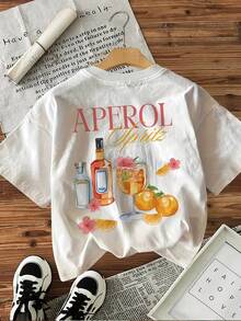 [Double-Sided Printing Front And Back] Illustration Style Aperol Cocktail T-Shirt With Letter Print, Loose, Casual, Round Neck, Top For Women - White - View 3