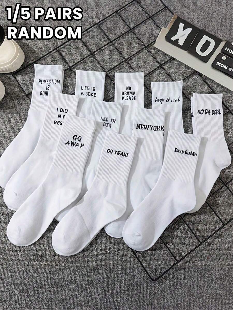 1/5 Pairs Unisex Crew Socks - White Letter Print, Breathable & Comfortable, Daily Casual Wear Socks, Fall Socks