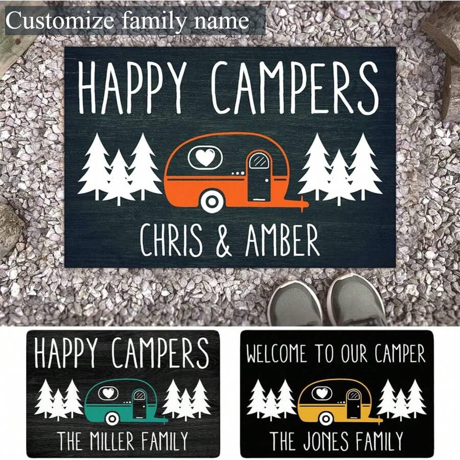 1pc 16"*24" 18"*30" Personalized Campsite Doormat - Making Memories One Campsite At A Time - Custom Family Name Camping Door Mat, RV Accessories Back To School - Black - View 1
