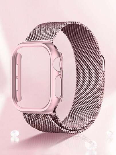 2pcs Apple Watch Band And Apple Watch Case Set, Fashion Creative Stainless Steel Mesh Breathable Comfortable Magnetic Clasp Easy Adjustment Rose Gold Apple Watch Band And Rose Gold (No Screen Protector) Apple Watch Case, Comprehensive Protection Against Scratches And Collisions For Apple Watch