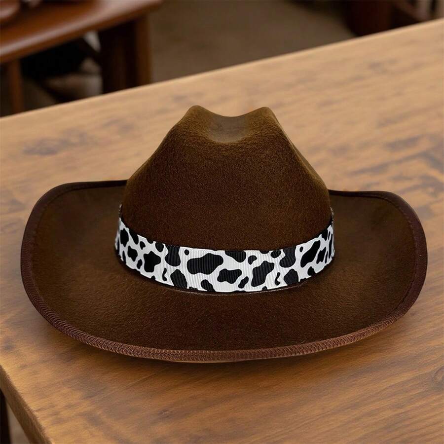 Western Cowgirl Hat For Kids Girl Boy Wide Brim Felt Vintage Fedora Cap With Cow Print Decorative Band - 巧克力棕 - 查看 1