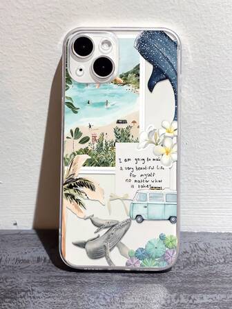 1 件时尚个性化海滩椰子树鲸鱼花拼贴图形 TPU 手机壳适用于 16/16Pro/16Plus/15/15ProMax/15Pro/11/12/13/14ProMax/12Mini/13Mini/11Pro/11ProMax/12Pro/12ProMax/13Pro/13ProMax/14Pro/14ProMax，创意高端软壳防水防震防摔防刮
