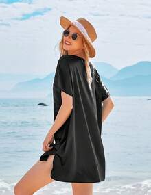 Women Satin Nightgowns Short Sleeve Silk Sleepwear Boyfriend Casual Dresses With Chest Pocket S-XXL - 黑色 - 查看 5