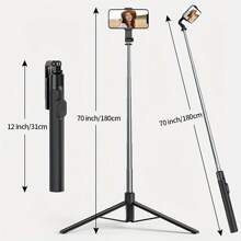 3-In-1 70'' Extendable Selfie Stick Tripod With Light & Bluetooth Remote – Compatible With All Smartphones For Summer Vacation, Travel, Outdoor Activities, Live Streaming, Stable Recording