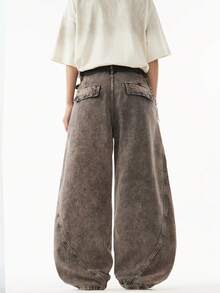 1 件街头正义风格工装牛仔裤，男士宽腿宽松休闲裤，带多个口袋 - 灰色 - 查看 3