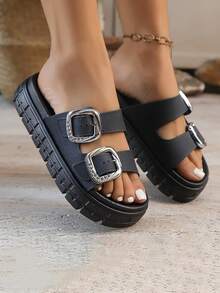 FZY 2026 New Style Women's Sports Sandals, Solid Color Style, Multifunctional Buckle, Adjustable Women's Flat Sandals, Fashionable And Versatile Women's Sandals For Outdoor Travel, Beach, Seaside, Water Play, Thick-Soled, Durable And Elegant Women's Slippers For Bathroom And Bathing. Elegant Women's Sandals. Must-Have Women's Home Slippers.Essential Easter Outfits - 黑色 - 查看 4