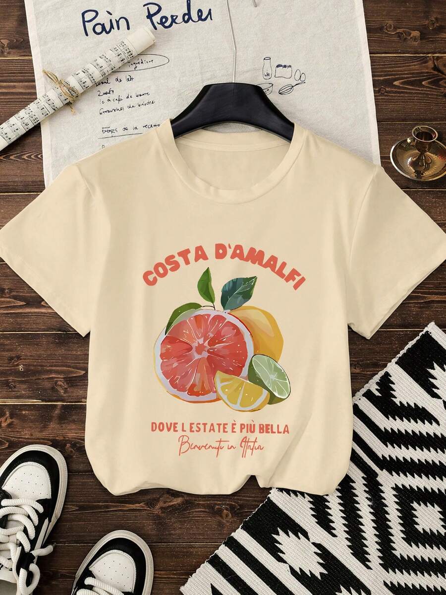 柠檬葡萄柚水果图案 T 恤，春夏女士乡村海滩度假卡其色 T 恤，短袖圆领休闲上衣 - 卡其色 - 查看 1