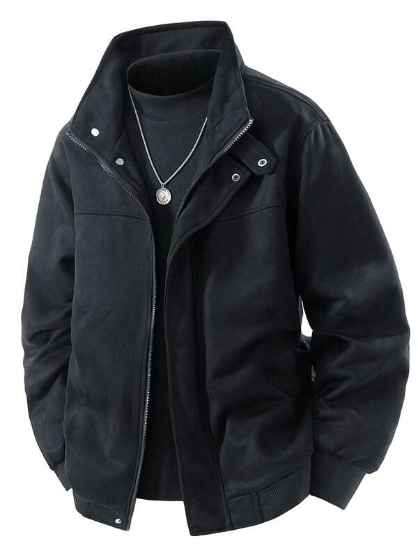 Men's Jacket - With Stand Collar And Button Design, Solid Black Color - Machine Washable Casual Outerwear For All Seasons, Comfortable Daily Wear