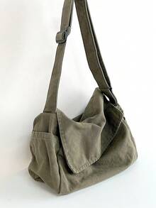 Vintage Minimalist Flap Crossbody Bag, Thick Washed Canvas Bag, Casual Versatile Large Capacity Messenger Bag, American Style For College Student, Short Trip, Simple Street Cloth Bag - Green - View 6